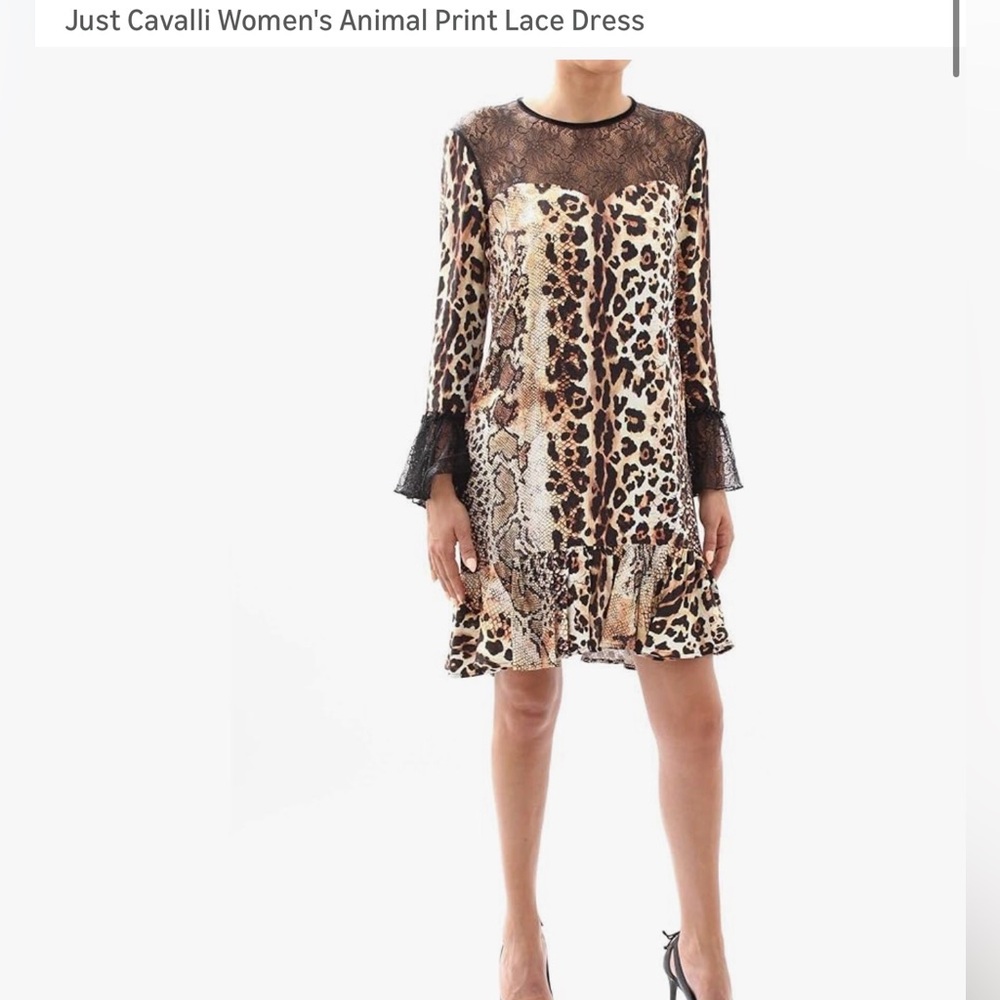 Just Cavalli animal Print Lace Long Sleeve Dress - Brown